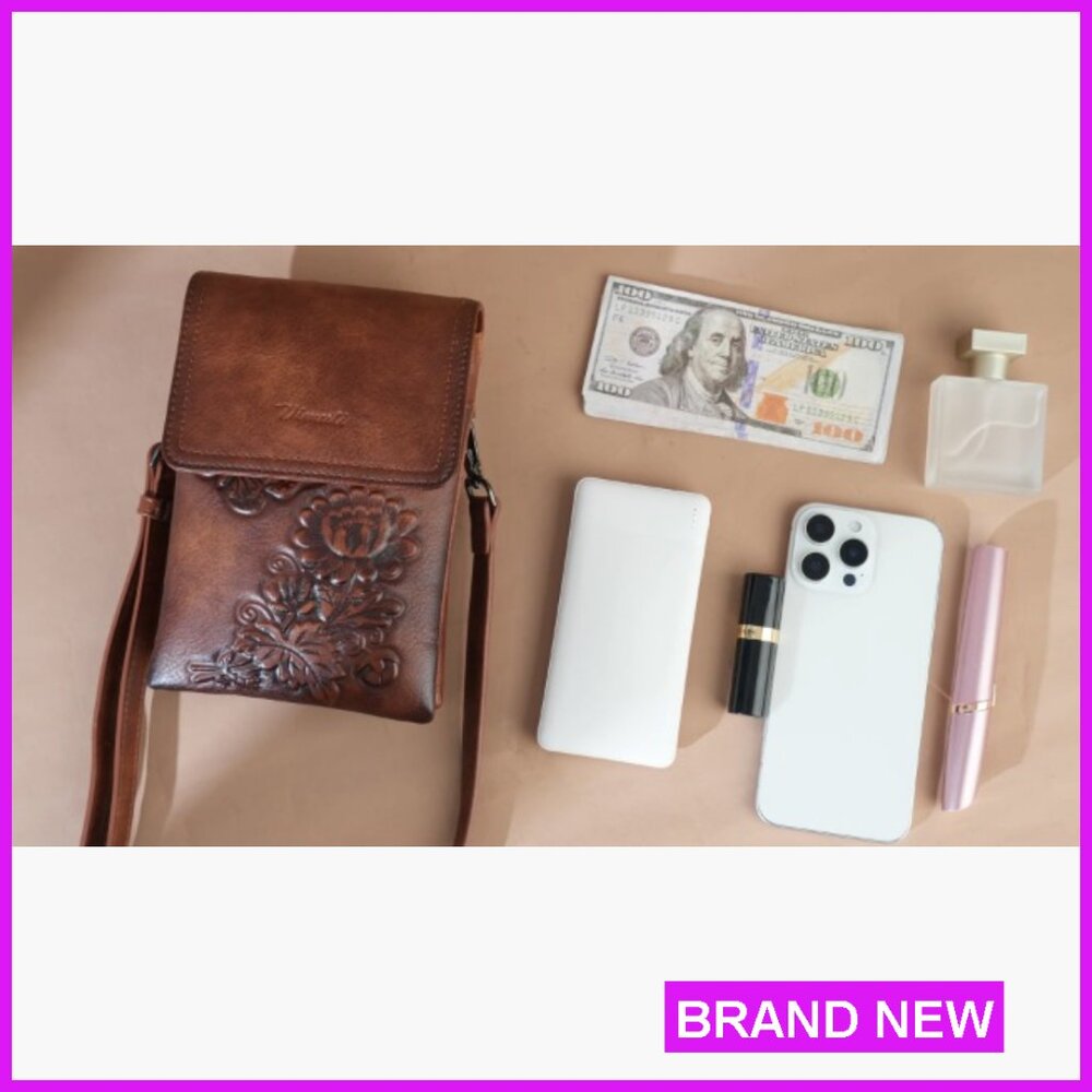 Trendy Vegan Leather Crossbody Bag Embossed Floral Design Phone Purse - Picture 7 of 7